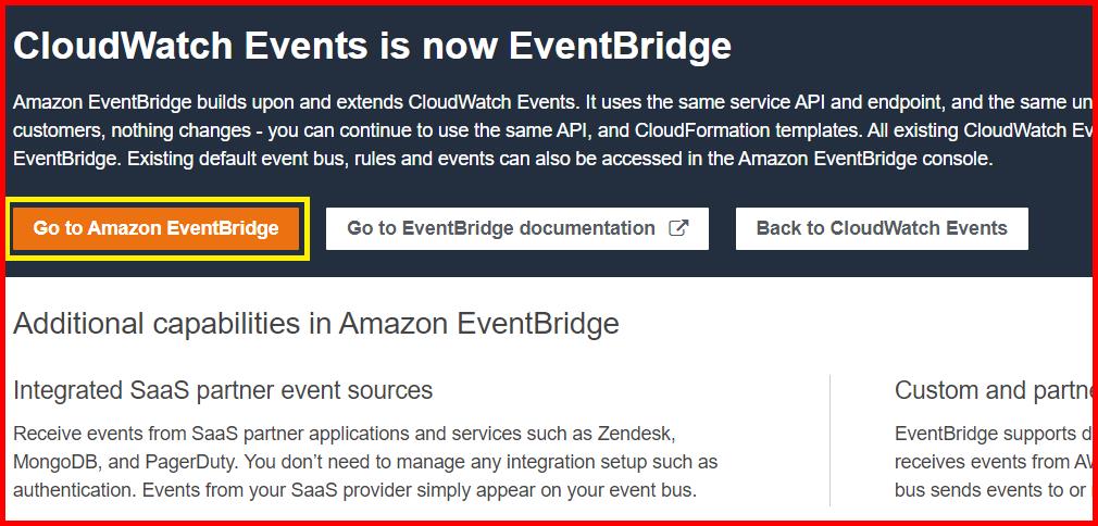 Picture showing the Go to Amazon EventBridge button in Cloudwatch